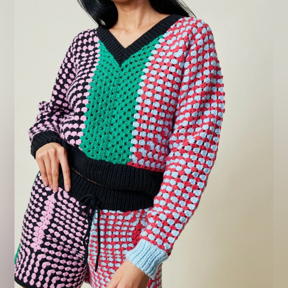 Lingua Franca Simko Hand Crochet V-Neck Sweater NWOT